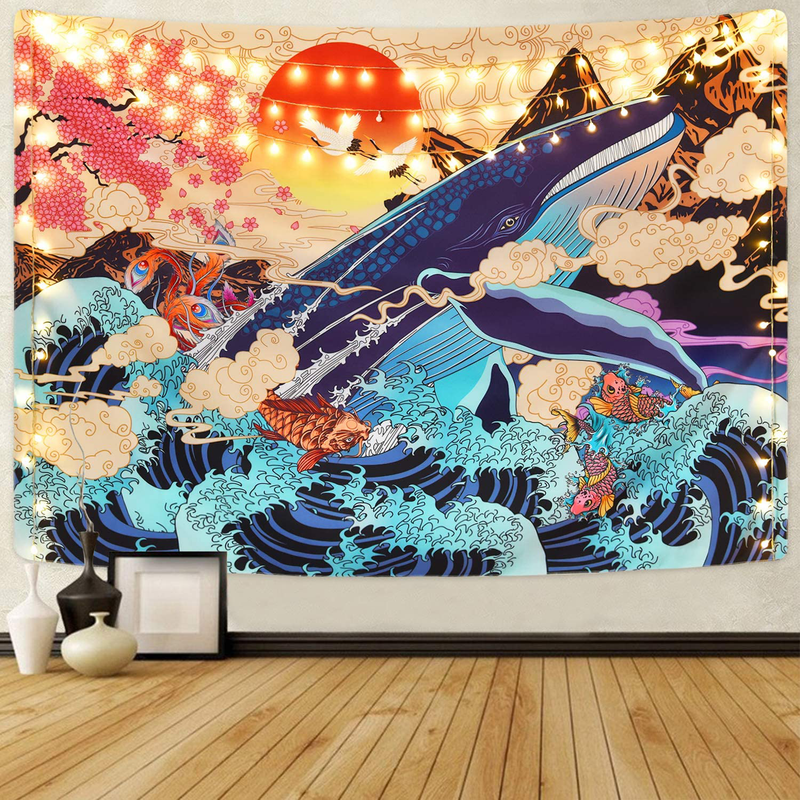 Japanese Ukiyo-e Tapestry Sea Wave Koi Tapestry Trippy Whale Japanese Tapestry, Sunset Animal Tapestry for Dorm Bedroom Living Room Home & Garden > Decor > Artwork > Decorative Tapestries Sevenstars Sea Wave 51.2" x 59.1" 