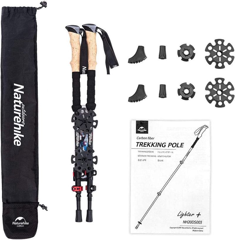 Naturehike Carbon Fiber Trekking Poles – Collapsible and Telescopic Walking Sticks with Natural Cork Handle and Extended EVA Grips, Ultralight Nordic Hiking Poles for Backpacking Camping