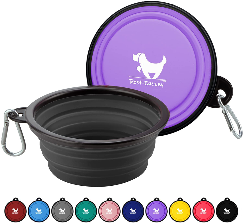 Rest-Eazzzy Expandable Dog Bowls for Travel, 2-Pack Dog Portable Water Bowl for Dogs Cats Pet Foldable Feeding Watering Dish for Traveling Camping Walking with 2 Carabiners, BPA Free  Rest-Eazzzy purple&black S 