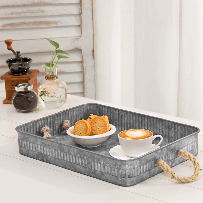 MyGift Rustic Silver Galvanized Metal Nesting Serving Trays with Rope Handles, Set of 2 Home & Garden > Decor > Decorative Trays MyGift   