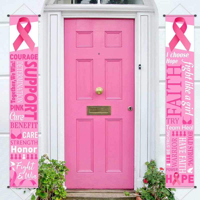 Pink Ribbon Party Decorations Breast Cancer Awareness Banner Porch Sign, Hope Strength Courage Faith Banners Backdrop for Pink Ribbon Breast Cancer Party Supply Decorations, 11.8 x 72 Inch