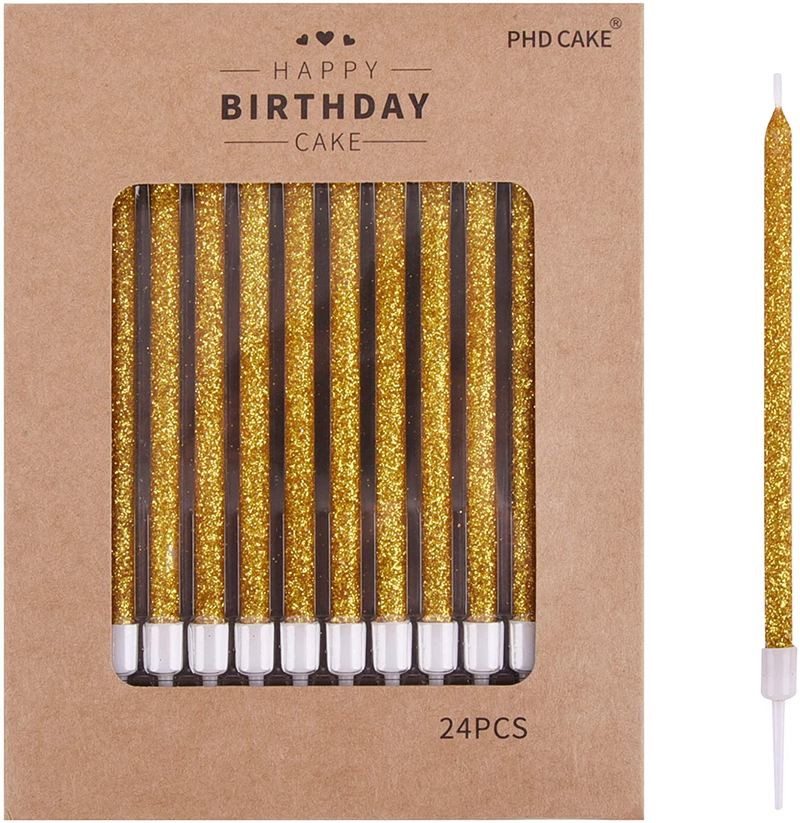 PHD CAKE 24-Count Black Long Thin Birthday Candles, Cake Candles, Birthday Parties, Wedding Decorations, Party Candles Home & Garden > Decor > Home Fragrances > Candles PHD CAKE Gold Glitter  
