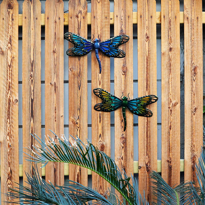 HONGLAND Metal Dragonfly Wall Decor Blue and Green Glass Art Sculpture Outdoor Hanging Decorations Set of 2 for Home Garden Bedroom