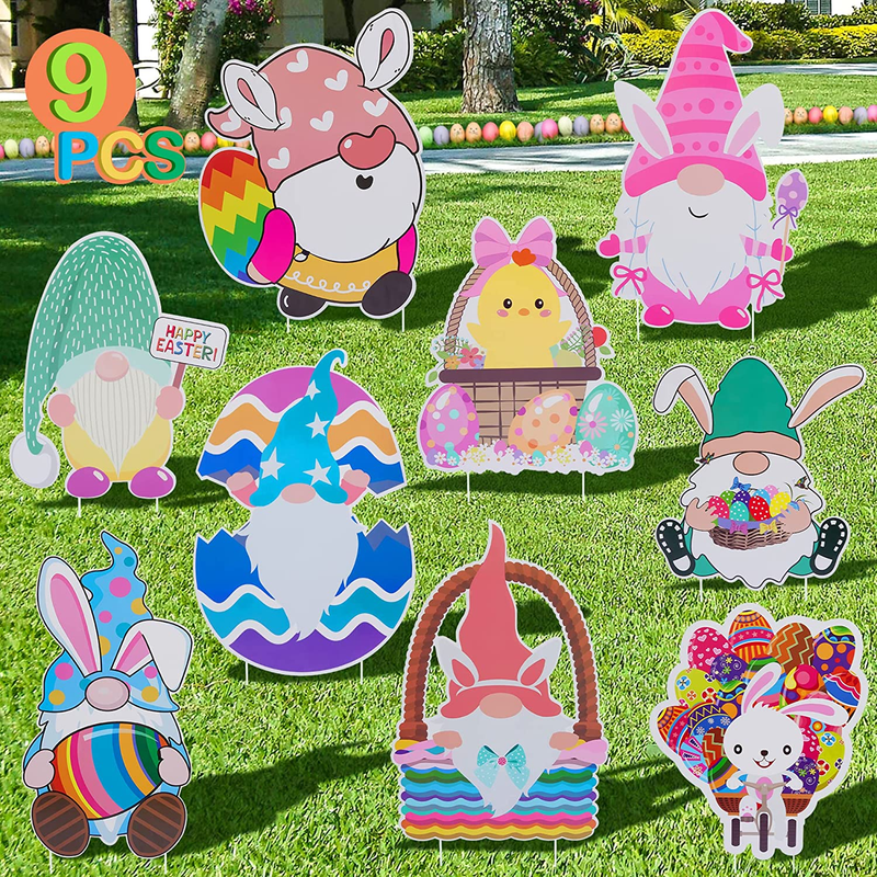 HOOJO Easter Decorations Outdoor Extra Large Easter Yard Signs 5 PCS, Waterproof Bunnies, Chick and Eggs Yard Stakes, Easter Lawn Decorations for Hunt Game, Party Supplies Decor, Easter Props Home & Garden > Decor > Seasonal & Holiday Decorations HOOJO Gnomes Bunny Chicks Eggs  