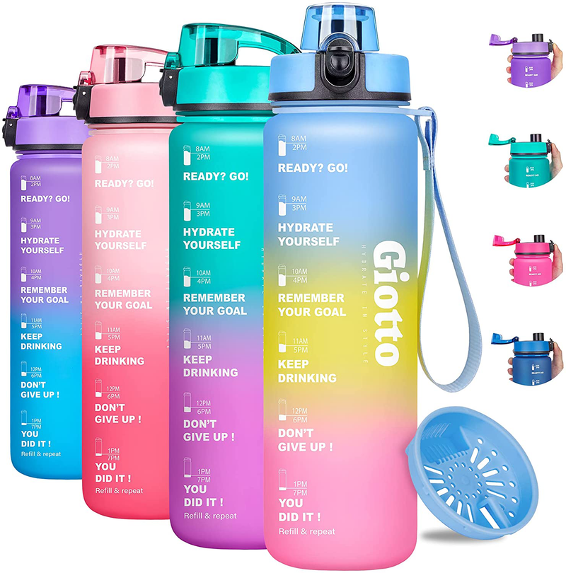 Giotto 32oz Motivational Water Bottle with Times & Removable Strainer to drink, Resuable Leakproof BPA Free Sports Water Jug to Remind You Drink More Water Sporting Goods > Outdoor Recreation > Winter Sports & Activities Giotto A4.Purple/Yellow/Pink Gradient 32OZ 