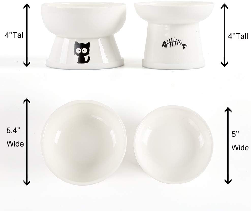 FOREYY Raised Cat Food and Water Bowl Set, Elevated Ceramic Cat Feeder Bowls with Anti Slip Band, Porcelain Pet Dish with Stand, Stress Free, Backflow Prevention, Dishwasher and Microwave Safe