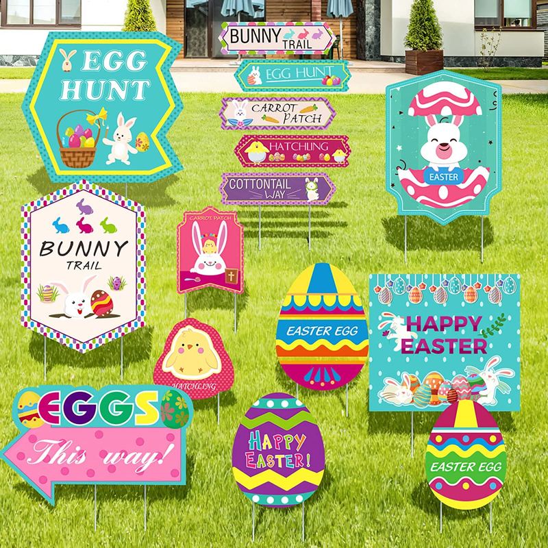 FUN LITTLE TOYS 12PCS Happy Easter Egg Yard Sign Decorations, Bunny Chicken Egg Basket, Easter Egg Hunt Game, Garden Yard Lawn Outdoor Decor, Easter Party Favors Home & Garden > Decor > Seasonal & Holiday Decorations FUN LITTLE TOYS Garden Style A  
