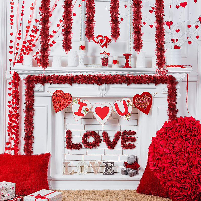 Chuangdi 5 Pieces Red Valentine Heart Tinsel Wreaths Metallic Foil Heart Shaped Wreaths for Hanging Valentine'S Day Wedding Party Front Door Wall Window Decoration