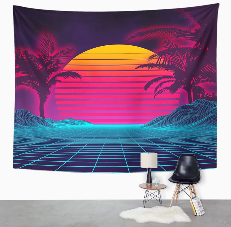 TOMPOP Tapestry Retro Futuristic Neon Landscape 1980S Digital Cyber 80S Party Sci Home Decor Wall Hanging for Living Room Bedroom Dorm 50x60 Inches Home & Garden > Decor > Artwork > Decorative Tapestries TOMPOP   