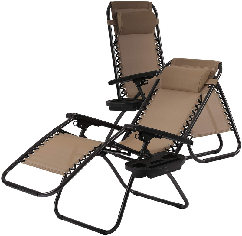 HCY Zero Gravity Chairs Outdoor Adjustable Recliner Chair Folding Lounge Patio Chairs with Cup Holder Pillows Set of 2 for Beach, Yard, Lawn, Camp (Tan) Sporting Goods > Outdoor Recreation > Camping & Hiking > Camp Furniture HCY Tan  