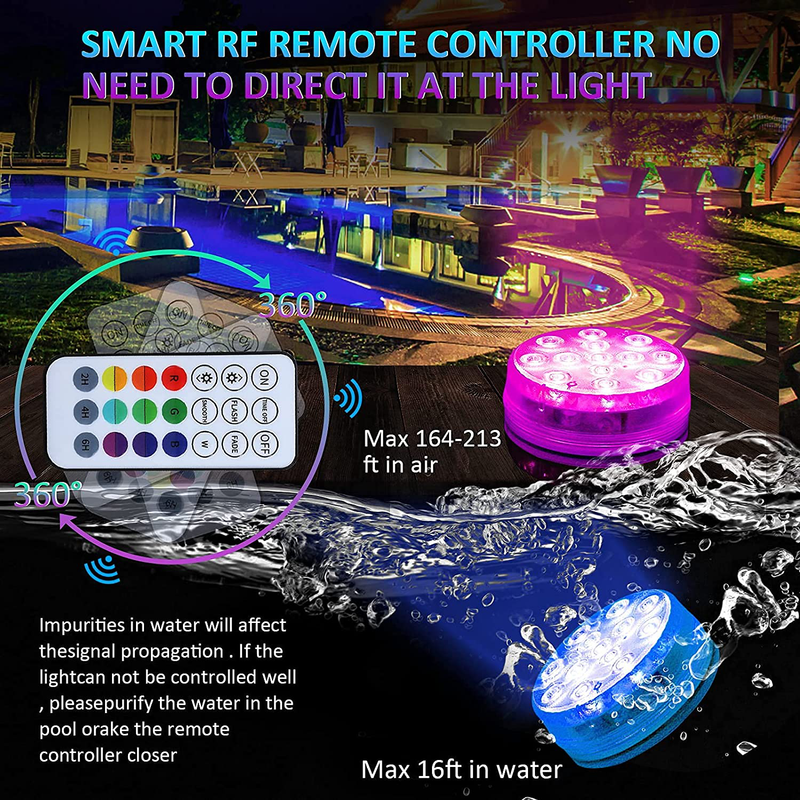 Pool Lights,littobia Submersible LED Lights with Magnet and Suction Cups, RF Remote Pool Lights, IP68 Waterproof, Underwater Timing with 13 LED Pool Light, 3.35 Inch (4 Pack) Home & Garden > Pool & Spa > Pool & Spa Accessories littobia   