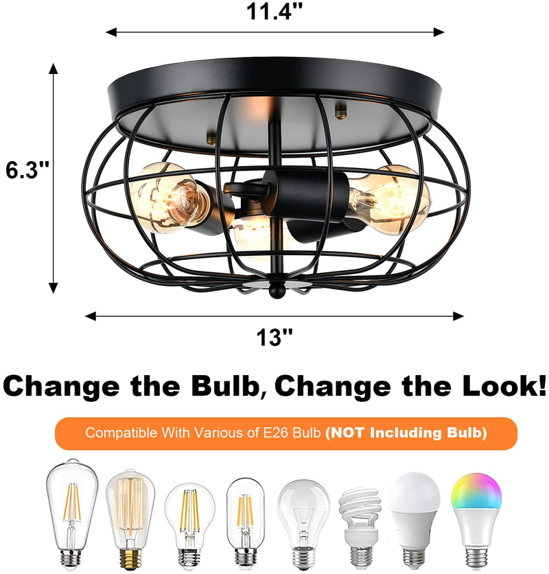 Industrial Semi Flush Mount Ceiling Light Oil Rubbed Finish 3-Light Rustic Metal Cage Kitchen Ceiling Light Fixture for Farmhouse Living Room Dining Room Bedroom Hallway E26 Black