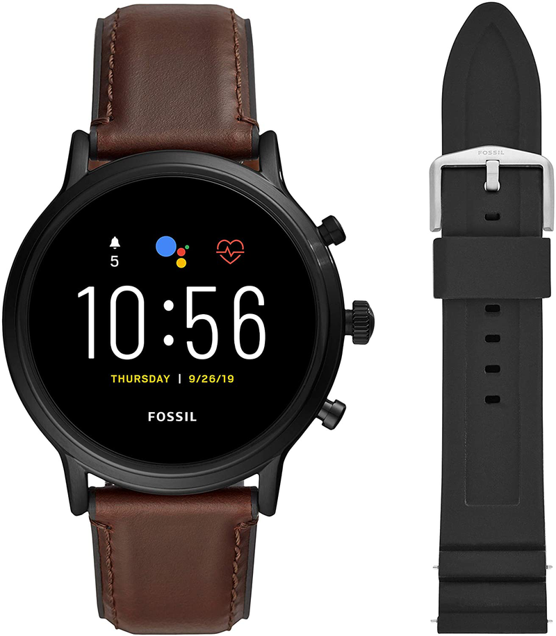 Fossil Gen 5 Carlyle Stainless Steel Touchscreen Smartwatch with Speaker, Heart Rate, GPS, Contactless Payments, and Smartphone Notifications Apparel & Accessories > Jewelry > Watches Fossil Brown + Black Silicone  