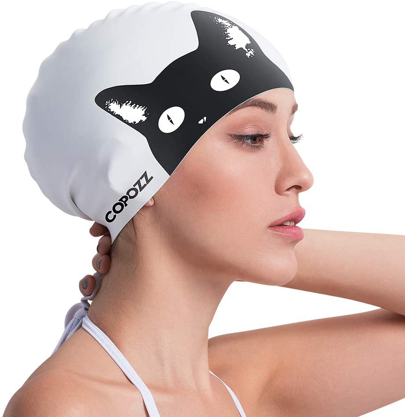 COPOZZ Kids/Adult Swim Caps, Silicone Waterproof Comfy Bathing Cap Swimming Hat for Long and Short Hair Sporting Goods > Outdoor Recreation > Boating & Water Sports > Swimming > Swim Caps COPOZZ Black Cat-12yrs+  