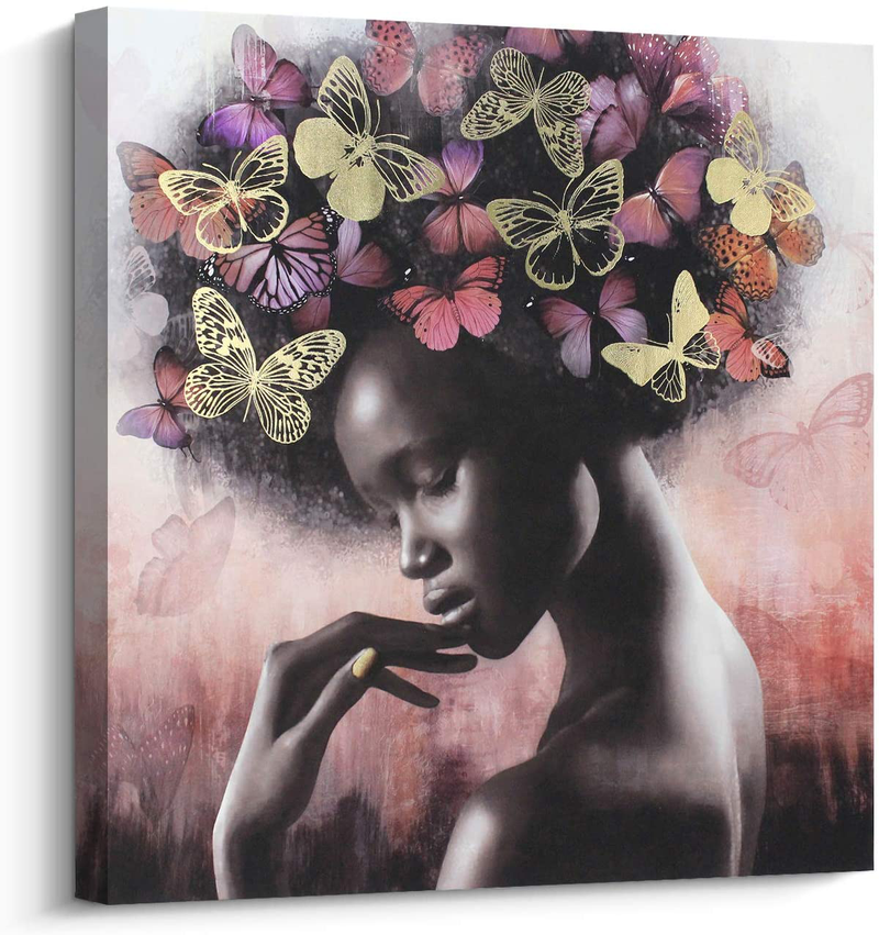 Pigort African American Wall Art Set, Black Art Afro Woman Pictures Paintings Wall Decor Canvas Print, Blue and Gold Artworks Home Decoration (31.5 x 31.5 in, SET)