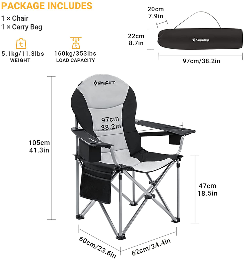Kingcamp Lumbar Back, Padded Folding Cooler, Armrest, Cup Holder, Oversized Quad Camp Chair Heavy Duty, Supports 350 Lbs, 1 Pack, 24.4 X 23.6 X 18.5/41.3 Inches, Black/Mediumgrey