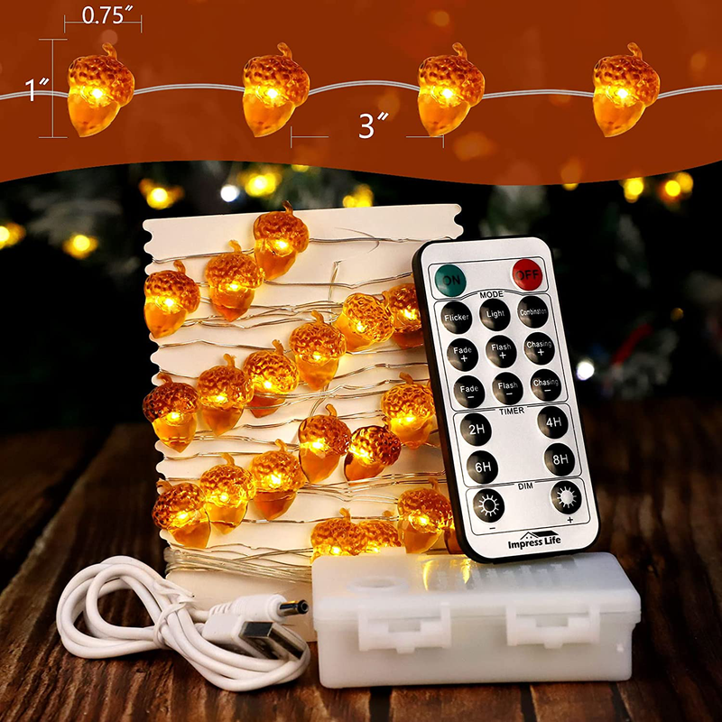 IMPRESS LIFE Christmas String Lights, Acorn 10ft Silver Wire 40 LED Battery Powered with Dimmable Remote Timer for Ice Age, Indoor Outdoor, Wedding, Birthday Bedroom Fireplace Mantel Xmas Decorations