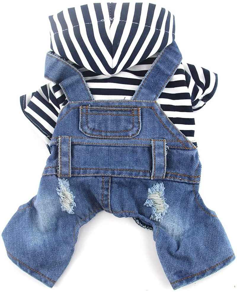 DOGGYZSTYLE Pet Dog Cat Hoodies Clothes Striped Pajamas Denim Outfits Blue Jeans Jumpsuits One-Piece Jacket Costumes Apparel Hooded Coats for Small Puppy Medium Dogs Animals & Pet Supplies > Pet Supplies > Cat Supplies > Cat Apparel DOGGYZSTYLE Blue Small (Pack of 1) 