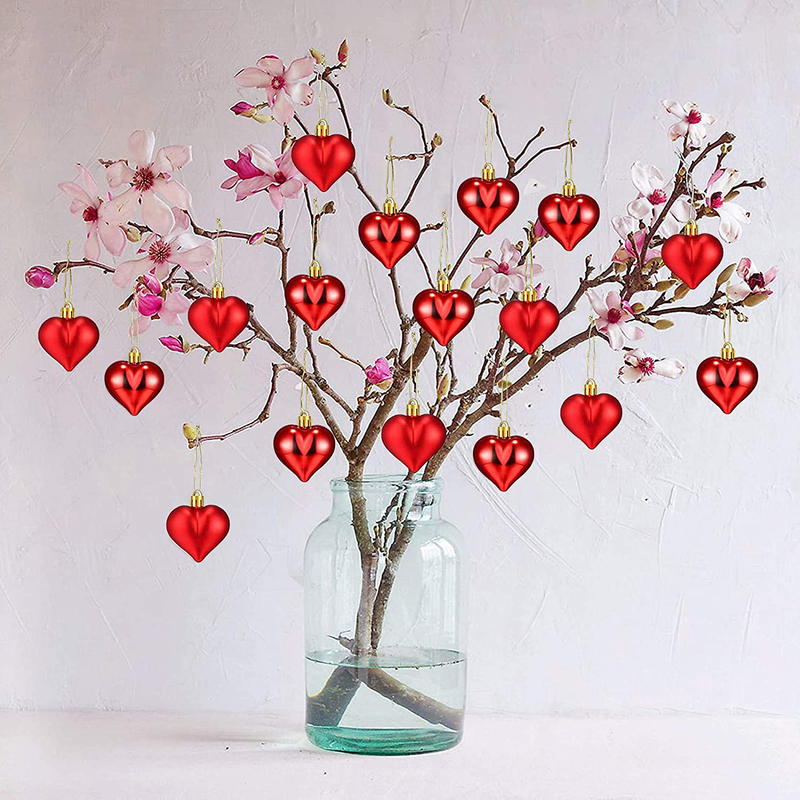 Ricluck 24 Pieces Valentine'S Day Heart Shaped Ornaments, Glossy and Matt Heart Baubles Hanging Decorations for Valentine'S Day Wedding Anniversary Home Party Decor