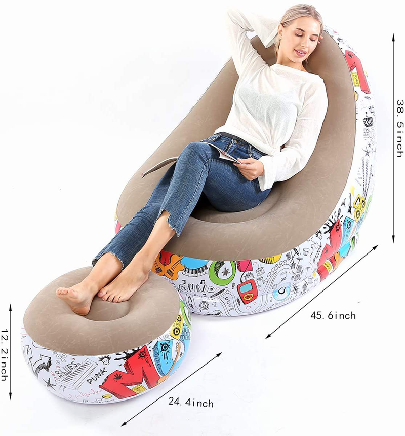 Lazy Sofa, Inflatable Sofa, Family Inflatable Lounge Chair, Graffiti Pattern Flocking Sofa, with Inflatable Foot Cushion, Suitable for Home Rest or Office Rest, Outdoor Folding Sofa Chair (Khaki) Sporting Goods > Outdoor Recreation > Camping & Hiking > Camp Furniture BOMTTY   