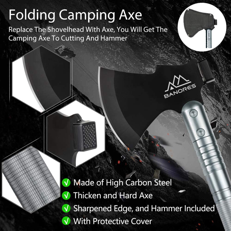 Survival Shovel Axe, BANORES Camping Shovel Multifunctional Sets 19.37-38.97Inch Lengthened Handle and Thicken Anti-Rusting Head with Storage Pouch for Camping, Hiking, Backpacking, Emergency