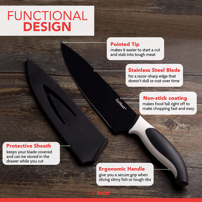 EatNeat 12-Piece Kitchen Knife Set - 5 Black Stainless Steel Knives with Sheaths, Cutting Board, and a Sharpener - Razor Sharp Cutting Tools that are Kitchen Essentials for New Home Home & Garden > Kitchen & Dining > Kitchen Tools & Utensils > Kitchen Knives EATNEAT   