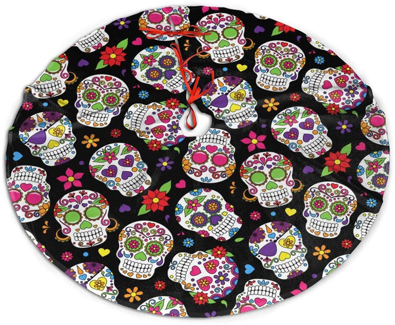 Day of The Dead Sugar Skull Black Tree Skirt Christmas Decorations, Elegant Xmas Tree Mat 36 Inch for Farmhouse Holiday and Party Decor Home & Garden > Decor > Seasonal & Holiday Decorations > Christmas Tree Skirts Ceambd Day of the Dead Sugar Skull Black  