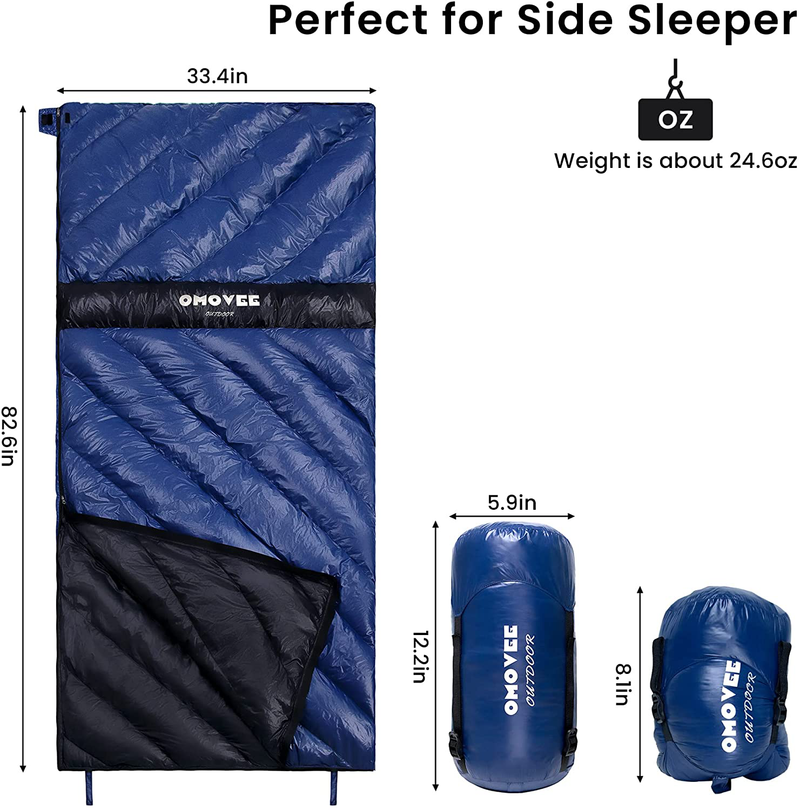 OMOVEE Goose down Sleeping Bag - Ultra Compact down Filled Lightweight Backpack Envelope Sleeping Bag 3 Seasons for Adults Kids Boys Girls 85X210Cm for Indoor&Outdoor Hiking Camping