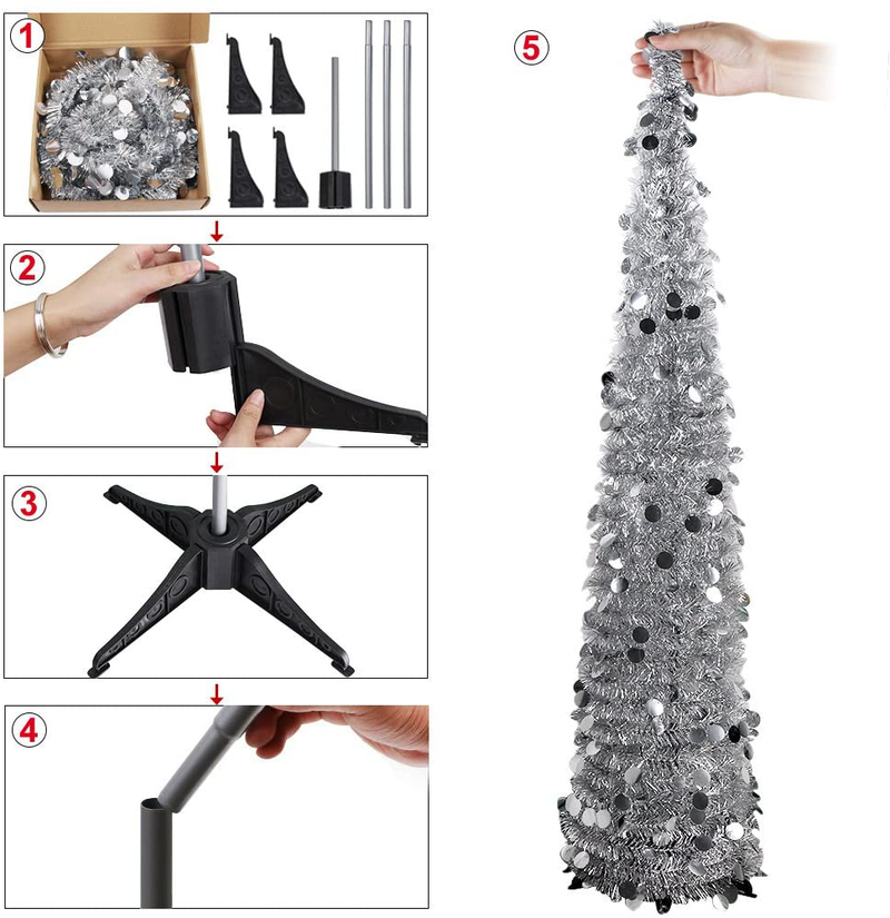 PartyTalk 5ft Pop Up Christmas Tree with Stand, Silver Tinsel Collapsible Artificial Christmas Tree for Holiday Christmas Home Decorations Home & Garden > Decor > Seasonal & Holiday Decorations > Christmas Tree Stands PartyTalk   