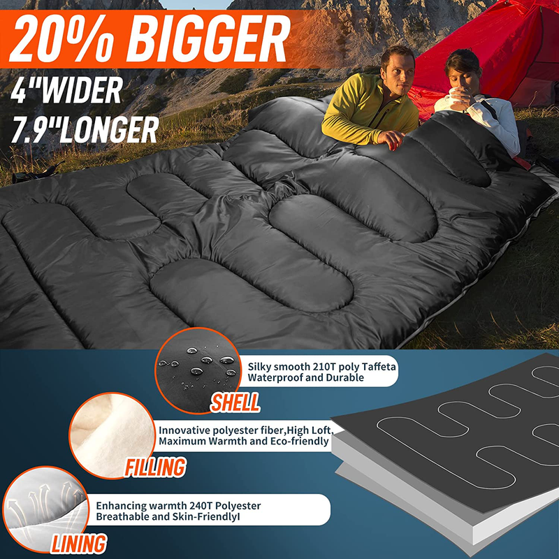 MEREZA Double Sleeping Bag for Adults Men Kids with Pillow, 2 Person XL Sleeping Bag with Compression Sack Queen Size Sleeping Bag Waterproof for Camping Hiking Backpacking