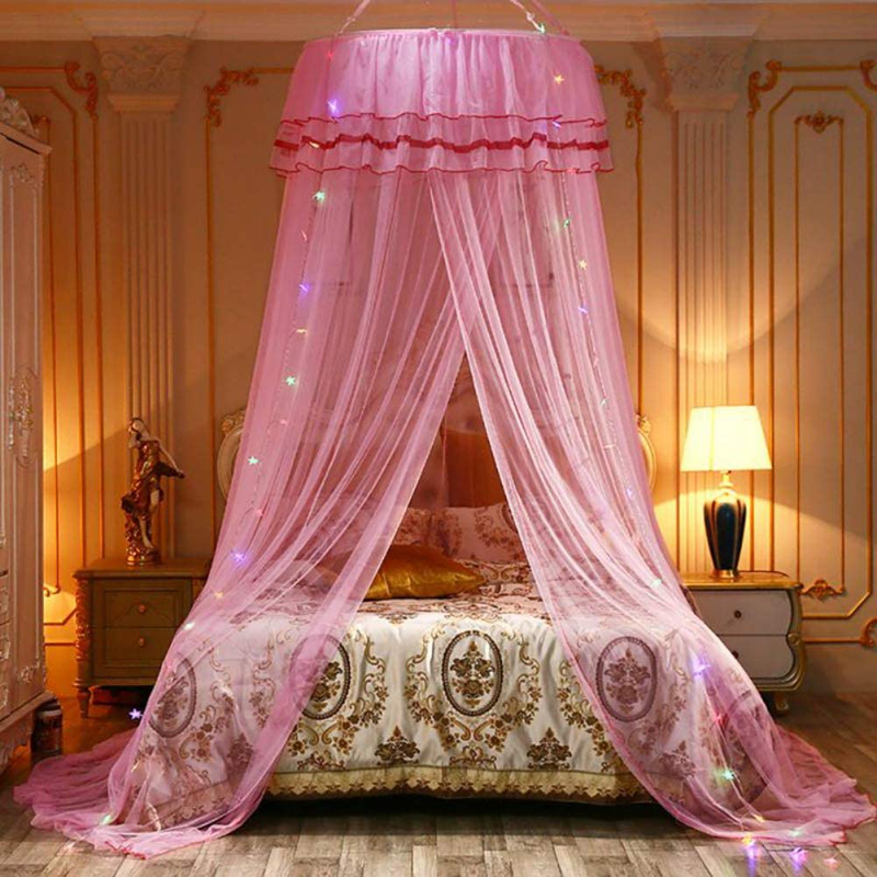 Topyuan Princess Mosquito Net for Bed, 4 Colors LED String Lights Canopy Bed Curtain Netting for Baby, Kids, Girls or Adults. 1 Entry,For Single to King Size Beds Sporting Goods > Outdoor Recreation > Camping & Hiking > Mosquito Nets & Insect Screens Topyuan Pink With Lamps 