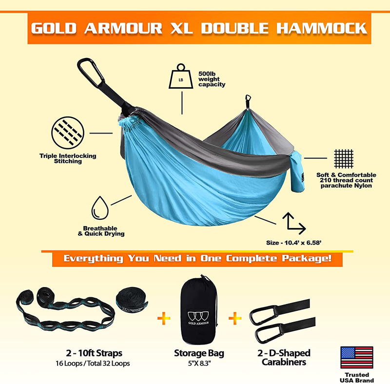 Gold Armour Camping Hammock - Extra Large Double Parachute Hammock USA Based Brand Lightweight Nylon Adults Teens Kids, Camping Accessories Gear (Sky Blue and Gray) Home & Garden > Lawn & Garden > Outdoor Living > Hammocks Gold Armour   