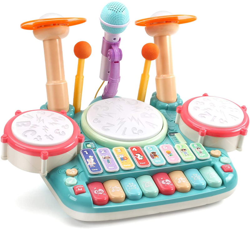 CUTE STONE 5 in 1 Musical Instruments Toys,Kids Electronic Piano Keyboard Xylophone Drum Toys Set with Light, 2 Microphone, Learning Toys Eduactional Gift for Baby Infant Toddler Girls Boys