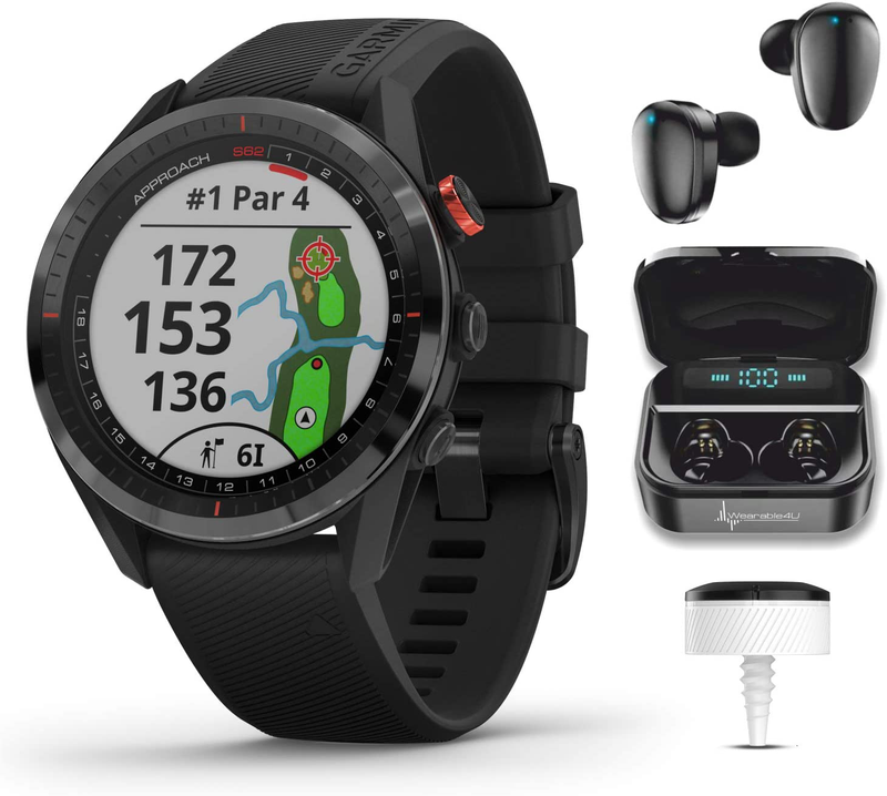 Garmin Approach S62 Premium GPS White Golf Watch with Wearable4U White Earbuds with Charging Power Bank Case Bundle Sporting Goods > Outdoor Recreation > Winter Sports & Activities Wearable4U Black Watch + 3 x CT10 + Black EarBuds  