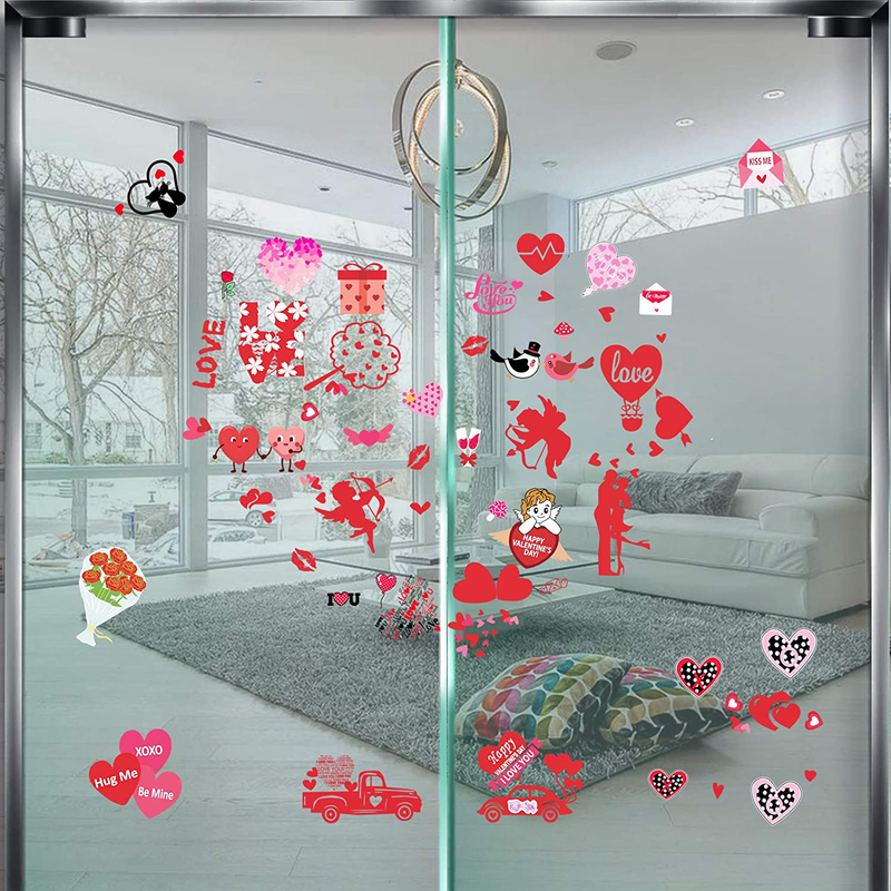 SINTIA 78 PCS 8 Sheets Valentine’S Day Window Clings Stickers Decal, Large Valentines Hearts Accessories Birthday Party Wedding, Anniversary Decorations Supplies