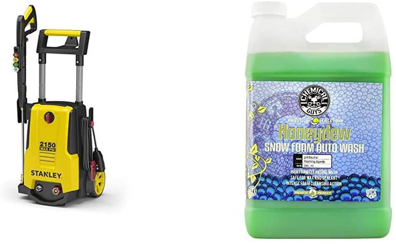Stanley SHP2150 Electric Pressure Washer with Spray Gun, Quick Connect Nozzles Foam Cannon, 25' Hose, Max PSI 2150, 1.4 GPM  STANLEY Pressure Washer + Soap and Cleanser (1 Gal)  
