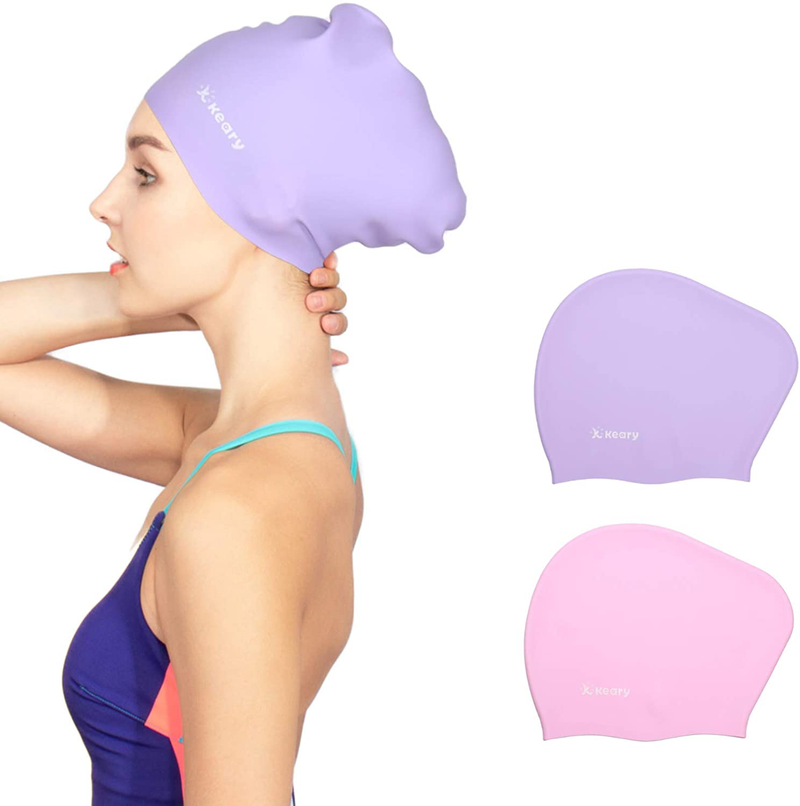 Keary 2 Pack Updated Silicone Swim Cap for Long Hair Women Girl Waterproof Bathing Pool Swimming Cap Cover Ears to Keep Your Hair Dry, 3D Soft Stretchable Durable and Anti-Slip, Easy to Put On and Off Sporting Goods > Outdoor Recreation > Boating & Water Sports > Swimming > Swim Caps Keary Light Pink & Light Purple【M】  