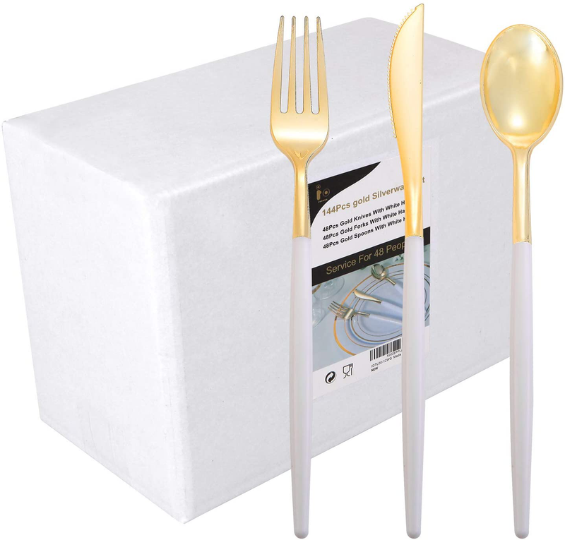I00000 144 PCS Disposable Gold Silverware, Plastic Flatware with White Handle, Gold Plastic Cutlery Includes: 48 Forks, 48 Knives and 48 Spoons Home & Garden > Kitchen & Dining > Tableware > Flatware > Flatware Sets I00000 Gold  
