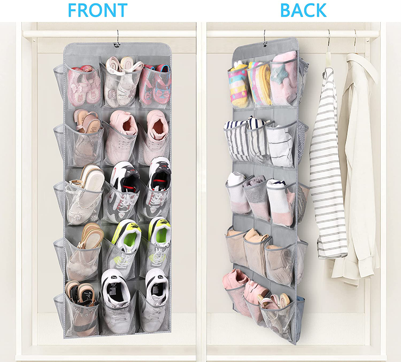 MISSLO 30 Large Pockets Dual Sided Hanging Shoe Organizer for Closet with Rotating Hanger Hanging Shoe Shelves, Grey Furniture > Cabinets & Storage > Armoires & Wardrobes MISSLO   