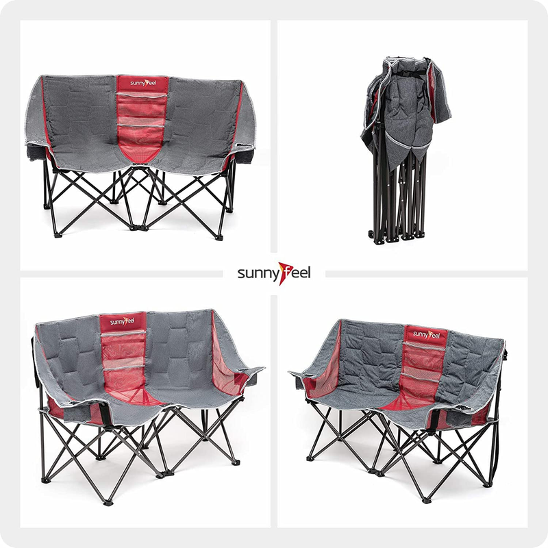 Sunnyfeel Double Folding Camping Chair, Portable Oversized Loveseat Chair, Foldable Lawn Chairs with Storage for Indoor/Outdoor/Fishing/Picnic, Fold up Camp Chair for Adults Heavy Duty 2 Person Sporting Goods > Outdoor Recreation > Camping & Hiking > Camp Furniture SUNNYFEEL   