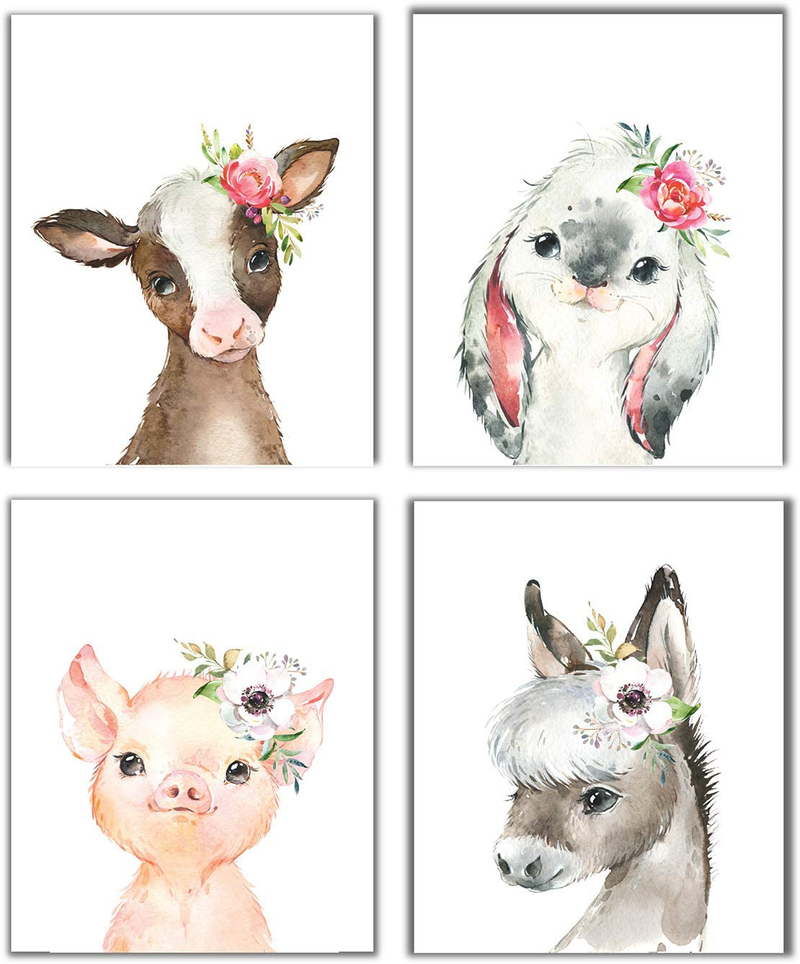Little Baby Watercolor Farm Animals Floral Crown Prints Set of 4 (Unframed) Nursery Decor Art (8x10) (Option 1) Home & Garden > Decor > Seasonal & Holiday Decorations MARIA Default Title  