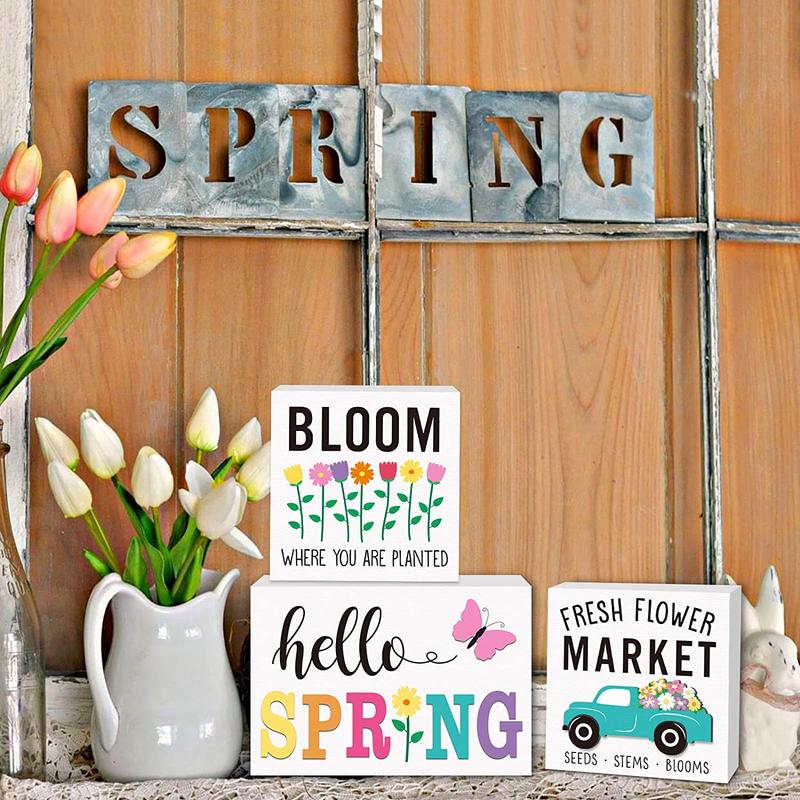 Huray Rayho Party Hello Spring Tiered Tray Decorations Farmhouse Mini Wood Decor Fresh Flower Market Home 3D Signs Rae Dunn Seasonal Bloom Butterfly Kitchen Wooden Ornaments Set of 3