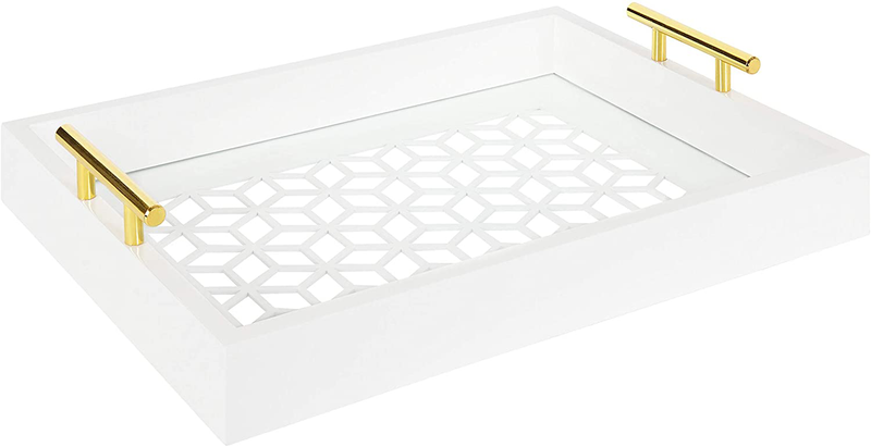 Kate and Laurel Caspen Rectangle Cut Out Pattern Decorative Tray with Gold Metal Handles, 16.5" x 12.25", Black and Gold Home & Garden > Decor > Decorative Trays Kate and Laurel White  