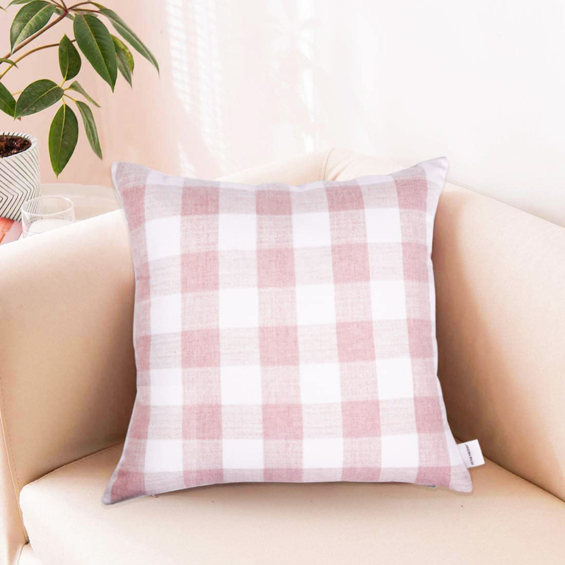 JES&MEDIS Square Cotton Pillowcases Cushion Covers with Checkered Pattern Throw Pillow Covers, 18X18 Inch, Pink, Set of 2, No Pillow Insert