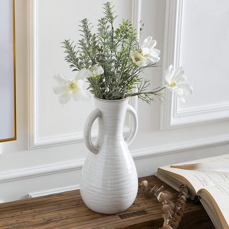 Jojuno Elegant Glazed Ceramic Vases with 2 Handle, Handmade Decorative Flower Pots, Distressed White, 9 Inches Tall (Flowers Not Included) Home & Garden > Decor > Vases Jojuno   