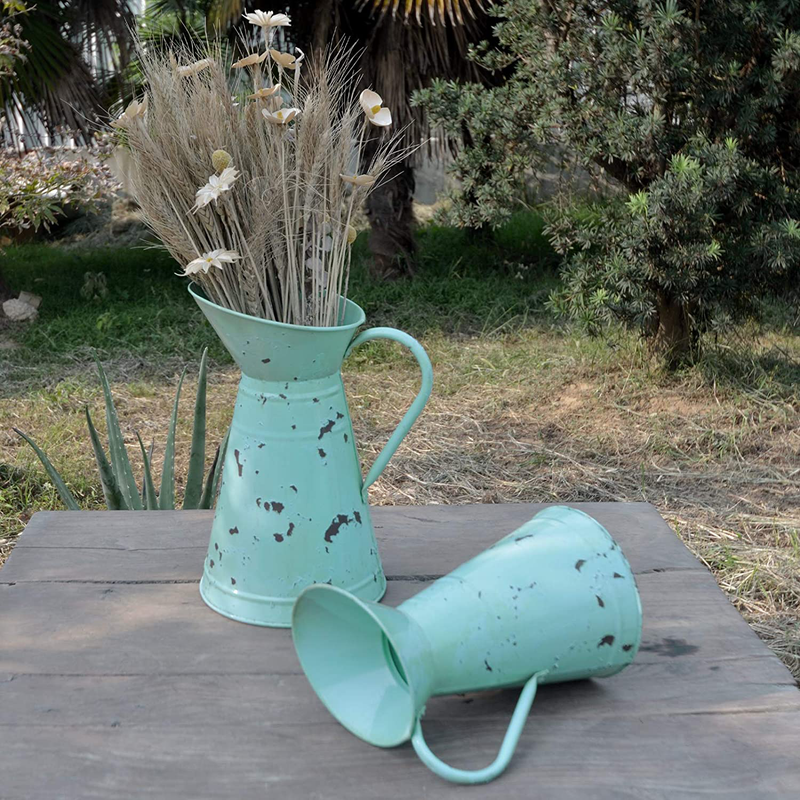 HORTICAN Vintage French Pitcher Vase Farmhouse Decorative Pitcher Metal Rustic Vase Watering Milk Jug Can Galvanized Tin Decor Vase Country Primitive Jug for Flower Holder Home & Garden > Decor > Vases HORTICAN   
