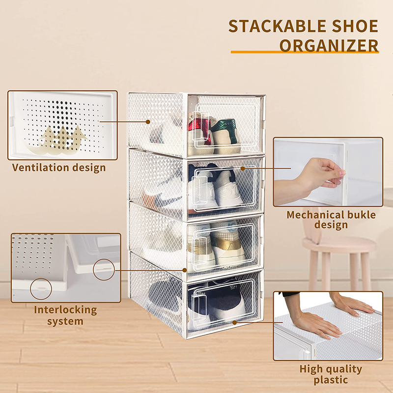 Hrrsaki 15 Pack Shoe Storage Boxes, Shoe Boxes Clear Plastic Stackable, Shoe Organizer Boxes with Front Opening Lids, Ventilation and Dust-Proof, Shoe Container Boxes for Closet, Bedroom, Bathroom, Fit for Women/Men Size 9(13” X 9” X 5.5”) - White Furniture > Cabinets & Storage > Armoires & Wardrobes Hrrsaki   