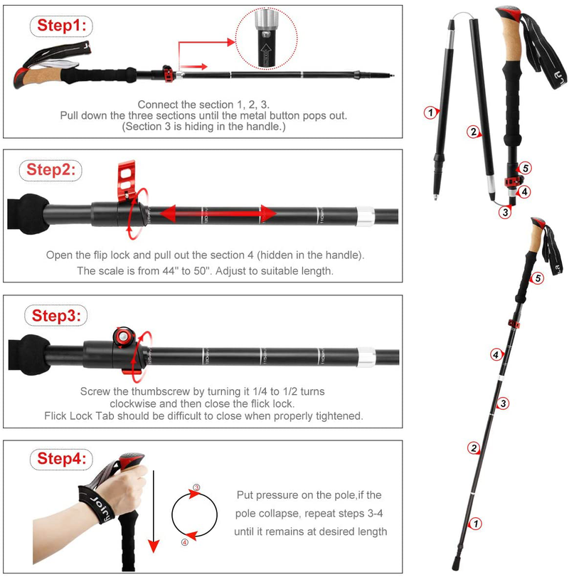 Joiry Collapsible Trekking Poles Adjustable 42”-50” Lightweight Aluminum 7075 Walking Hiking Sticks for Women Men with anti Slip Cork Grip and Tip Set - One Pair