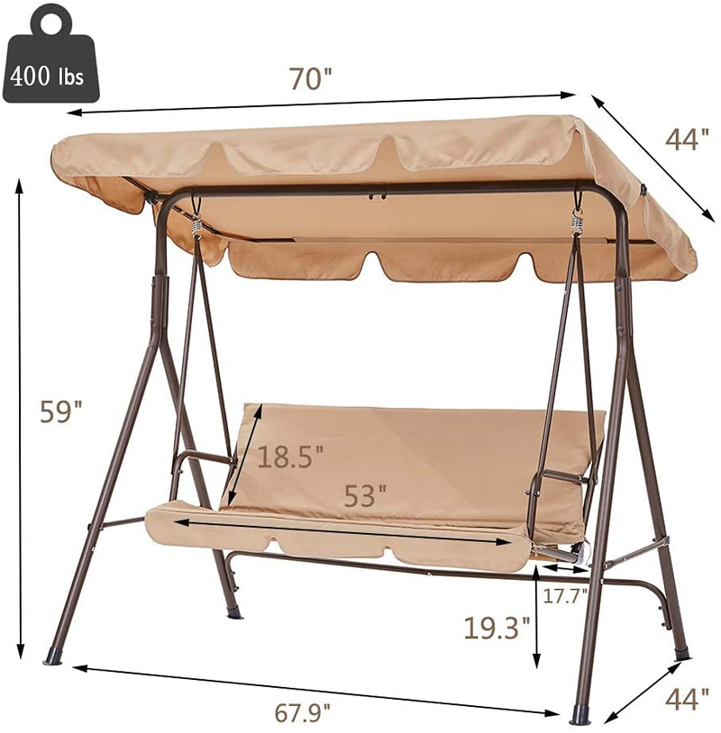 SUPERJARE 3 Person Outdoor Converting Patio Swing, Porch Swing with Adjustable and Weatherproof Tilt Canopy, Heavy Duty Hammock - Tan