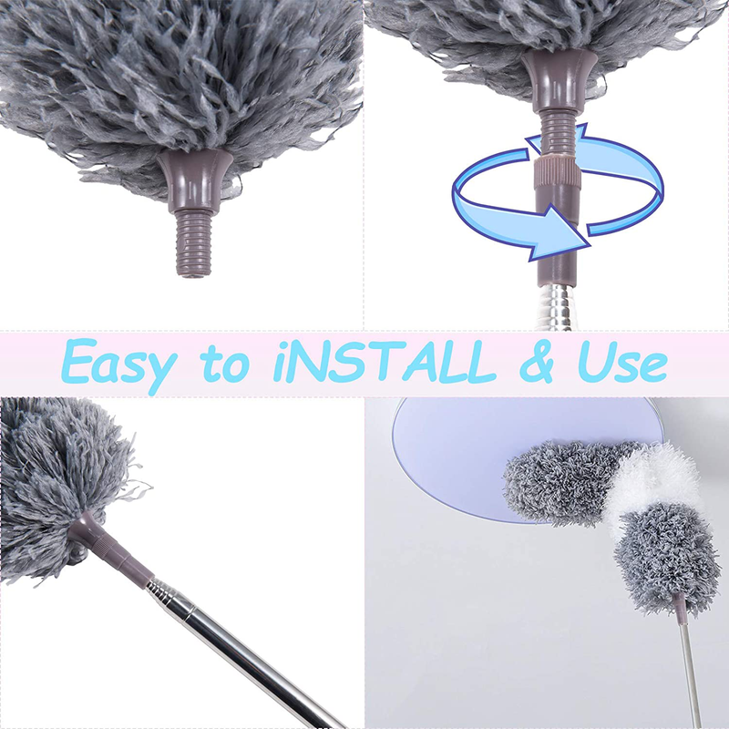 Microfiber Duster, with Extension Pole(Stainless Steel) 30 to 100 Inches, Reusable Bendable Dusters, Washable Lightweight Dusters for Cleaning Ceiling Fan, High Ceiling, Blinds, Furniture, Cars